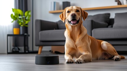 A realistic photo of a pet-friendly smart home, with various devices designed to enhance pet comfort and safety.