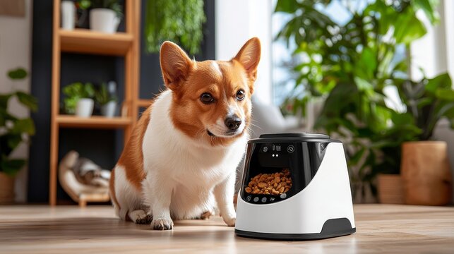 A realistic photo of a smart pet feeder with a built-in camera and app-controlled feeding schedule.