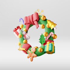 3D decorated christmas wreath. Render fir evergreen wreath with holly leaves, baubles, gift boxes, gingerbread man. New year decoration. Christmas holiday. New year xmas. Vector illustration