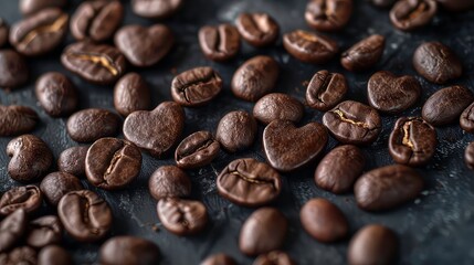 Naklejka premium A close-up image of roasted coffee beans on a dark surface. Some of the beans are heart-shaped.