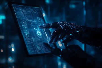 Abstract digital background featuring an engineer holding a tablet and controlling a robotic arm