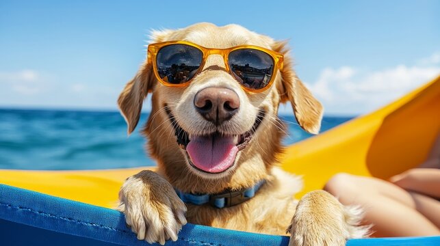 A travel/adventure-themed image showcasing a pet-friendly resort with pets enjoying luxury services and outdoor activities.