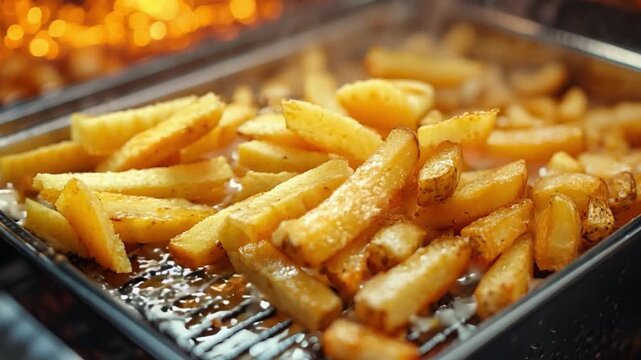 The Hot, crispy french fries are being fried to perfection at a food stall.