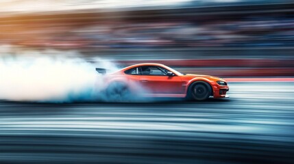 Smoke rising from the wheels of a car during a high-speed drift on a racetrack, with motion blur emphasizing the speed and intensity of the action.