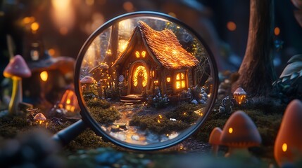A magnifying glass reveals a miniature cottage nestled amongst glowing mushrooms and a stream in a magical forest.