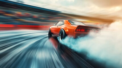 Smoke rising from the wheels of a car during a high-speed drift on a racetrack, with motion blur emphasizing the speed and intensity of the action.