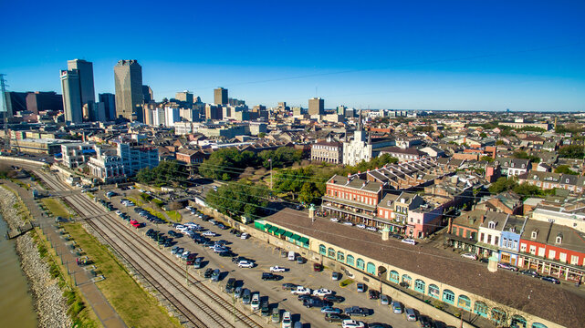 New Orleans, Louisiana - Aerial view of cityscape and Mississippi River