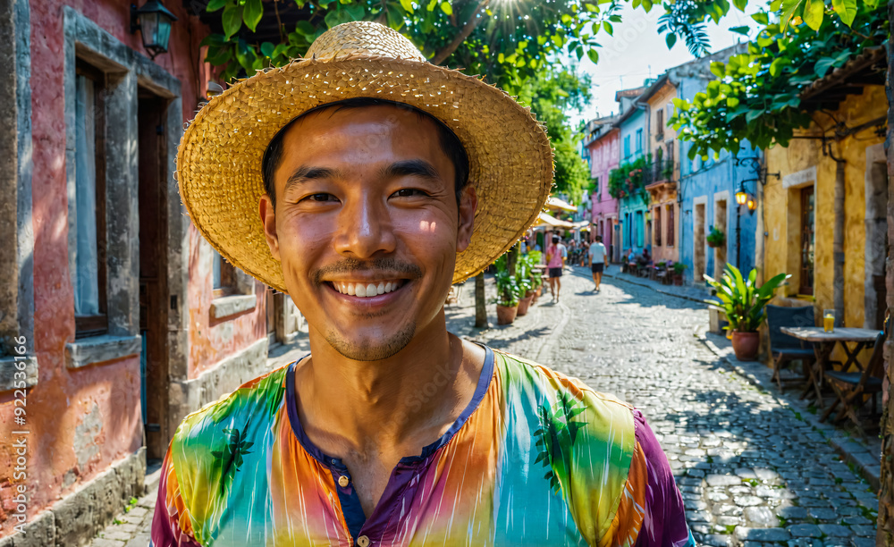 Wall mural young asian man in a bright hawaiian shirt and straw hat on the street of a european city. tourism.