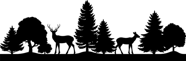 Deer, trees and spruce seamless border. Forest wildlife black silhouette illustration on white background. Wild nature graphic landscape. Horizontal banner with animals. Not merged, separate elements.