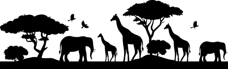 African savanna safari with animals seamless border. Black silhouette illustration on white background. Wild nature landscape. Horizontal banner with elephant, giraffe. Not merged, separate elements. © Anastasiia Neibauer