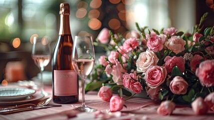 valentines day dinner concept top view table setting for romantic dinner with bottle of wine champagne,two glasses on pink valentines day celebration love romantic dinner couple concept.