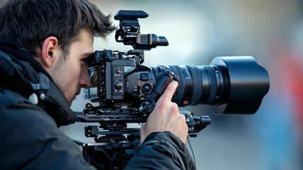 A man is holding a camera and looking at the lens