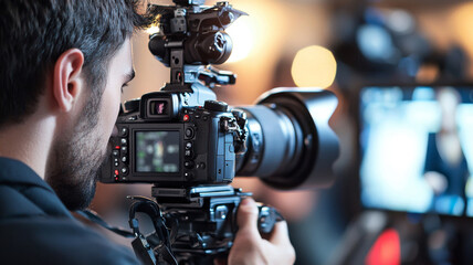 A man is holding a camera and looking at the screen