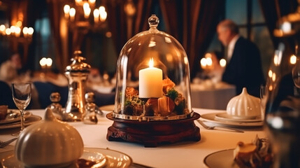 Luxury food service, appetisers and desserts served at a restaurant or formal dinner event in classic English style in the luxurious hotel or country estate, post-processed, generative ai