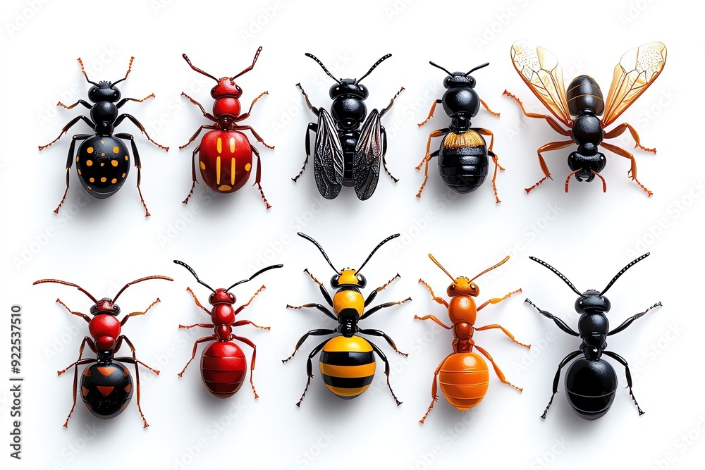 Poster colorful collection of various ants and insects on a white background, showing diversity in species 