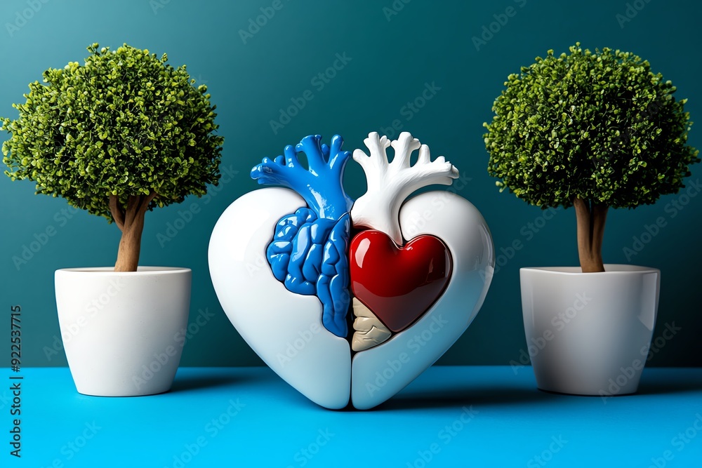 Poster Creative sculpture combining brain and heart with two potted trees on both sides, symbolizing the balance between logic and emotion.