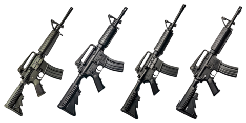 Four different versions of m16 assault rifle isolated background