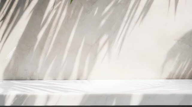 palm leaf shadows moving in the wind on white marble wall and countertop. background for product display and advertisement