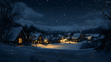 A peaceful winter night scene of a small village illuminated by warm lights with gentle snowfall creating a serene and cozy atmosphere
