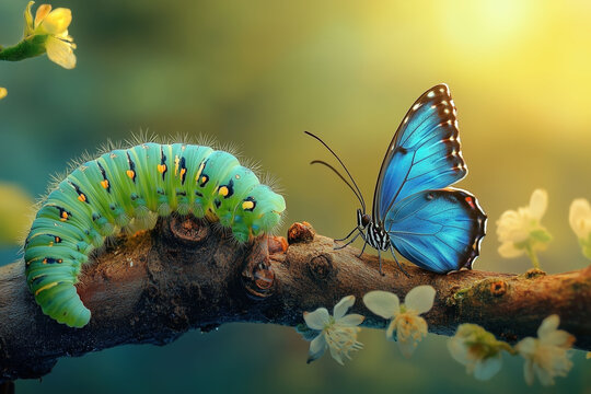 A butterfly and a caterpillar on a tree branch