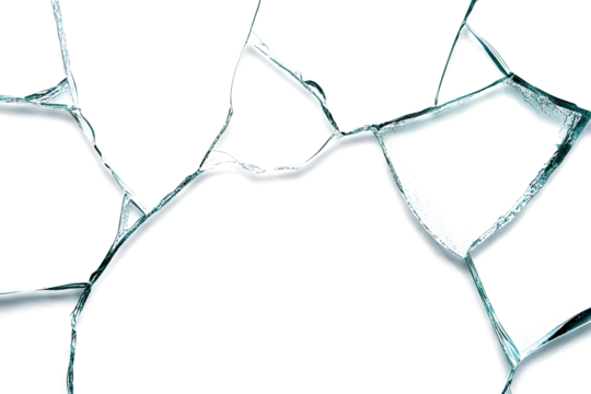 Broken glass fragments on a white background or PNG
