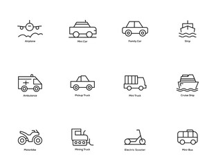 Line Style icon set. Airplane, Car, Ship, Ambulance, truck, pickup, cruise, motorbike, scooter icon for apps and website