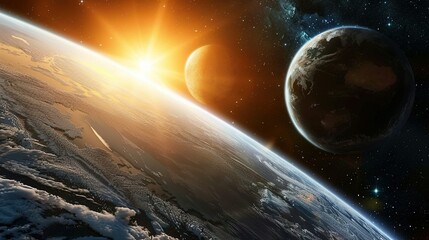 Earthrise with a Glowing Sun and Second Planet