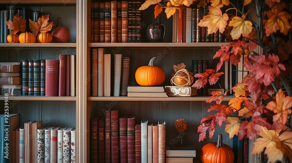 Canvas Prints a stylish bookshelf with autumn-colored books and fall-themed decorations