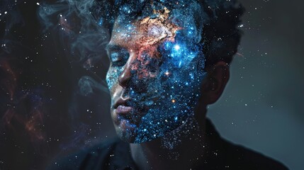A young man gazes with a thoughtful expression, his face blended with vibrant cosmic imagery, creating a surreal and imaginative atmosphere