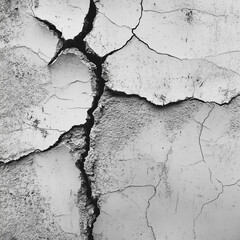 Fototapeta premium Abstract background. A black and white photo shows peeling paint on an old wall, revealing cracks and textures in the white plaster.