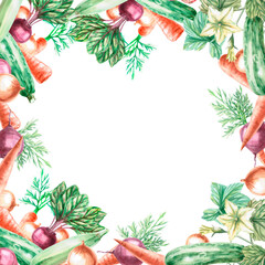 Square frame with onions, leaves, zucchini, beets, carrots in a watercolor illustration. Composition on the theme of harvest for exhibitions and fairs. Illustration is isolated from the background.