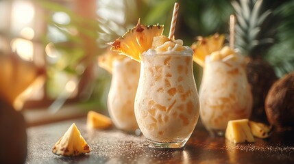 Refreshing Piña Colada with Fresh Pineapple Slices and Coconut, Served in a Tropical Setting, Perfect for Summer Parties and Exotic Beach Getaways
