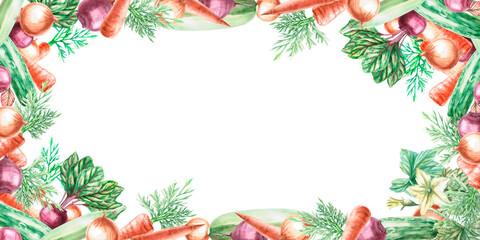 Rectangular frame with onions, leaves, zucchini, carrots in a watercolor illustration. Composition on the theme of harvest for exhibitions and fairs. Illustration is isolated from the background.