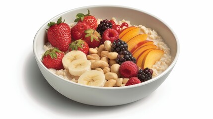 Delicious and Nutritious Oatmeal Bowl with Fresh Fruits and Nuts on White Background - Foods Magazine Style Illustration