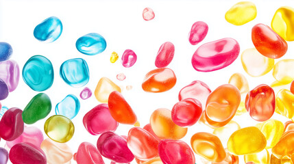 image of colorful jelly candies bouncing and floating against a white background
