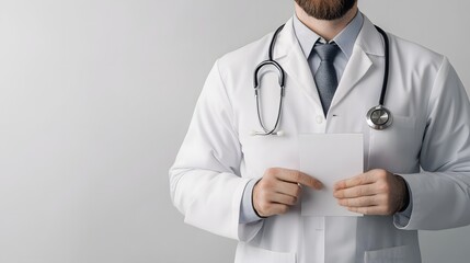Doctor in a lab coat holding a prescription pad, emphasizing medical care and patient prescriptions