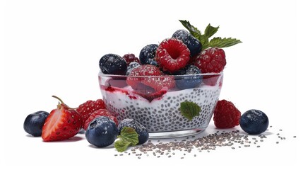 Vibrant Chia Pudding Delight with Fresh Berries on White Background - Foods Magazine Style Illustration in Professional Studio