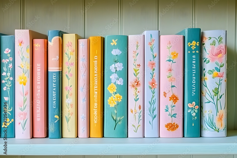 Wall mural A row of colorful children's books with pastel covers and floral designs on a wooden shelf.