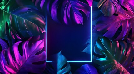 A vibrant, neon blue frame illuminates a dark background, surrounded by large, tropical leaves. The leaves are a mix of purple and green, giving the image a sense of mystery and the unknown.