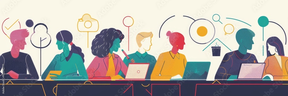 Wall mural A group of diverse individuals working together on laptops and tablets, representing teamwork, innovation, and technology. The image symbolizes collaboration, creativity, communication