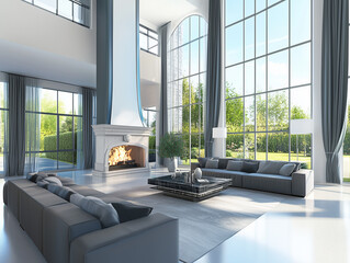 Fototapeta premium Luxury minimalist living room, with modern fire place, two floor high ceiling. Garden, courtyard view outside the window. Spacious cozy sofa. 