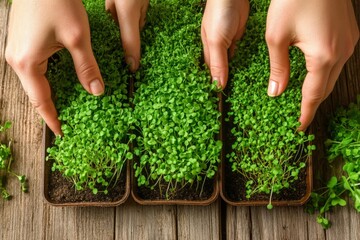 Gardener Tending to Young Seedlings in Biodegradable Pots on Wooden Table