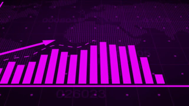  Business infographics with rising arrow and bar stats appearing. Rising bar graph following the arrow with dotted world map. 3d render.