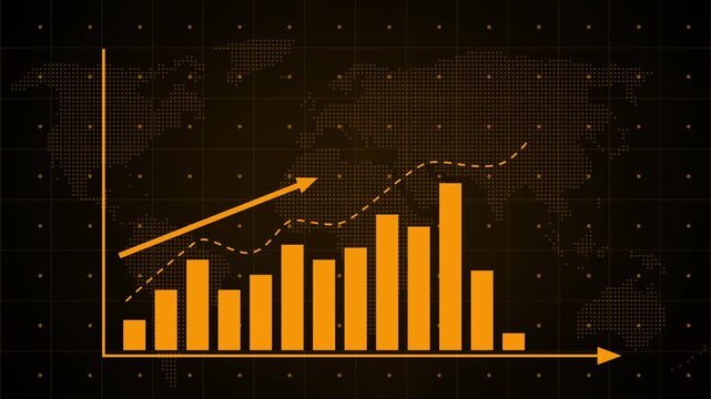  Business infographics with rising arrow and bar stats appearing. Rising bar graph following the arrow with dotted world map. 3d render.
