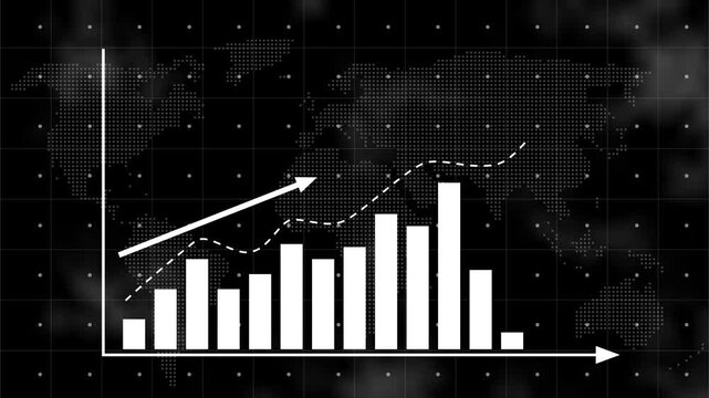 Business infographics with rising arrow and bar stats appearing. Rising bar graph following the arrow with dotted world map. 3d render.