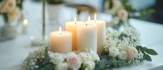 Obraz premium Three Burning Candles Surrounded by White and Pink Roses and Greenery