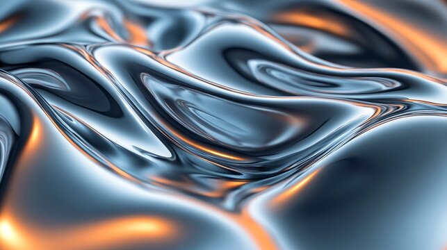 Abstract Metallic Fluid Swirls with Orange Glows, 3D Render, Digital Art, Abstract Background, Fluid, 3D, Render