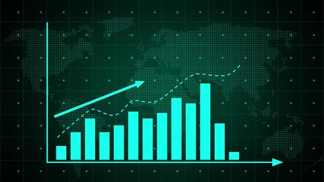  Business infographics with rising arrow and bar stats appearing. Rising bar graph following the arrow with dotted world map. 3d render.