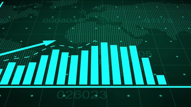  Business infographics with rising arrow and bar stats appearing. Rising bar graph following the arrow with dotted world map. 3d render.