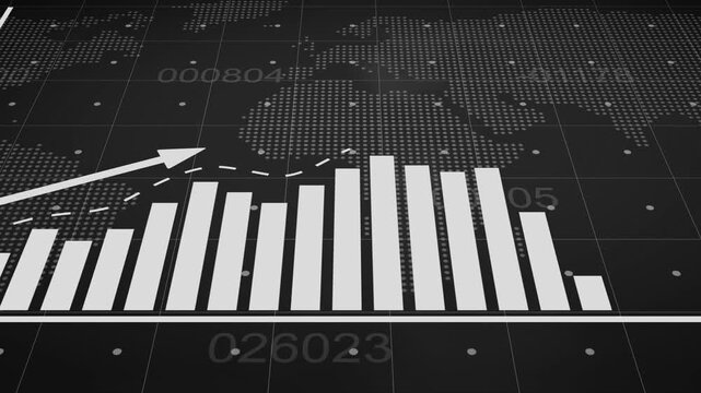  Business infographics with rising arrow and bar stats appearing. Rising bar graph following the arrow with dotted world map. 3d render.